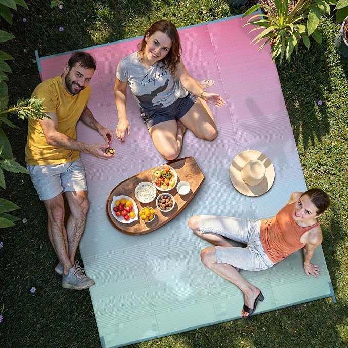 Lahome Reversible Rv Rugs for Outside Camping, 8x10 Waterproof Outdoor Pool Beach Area Rugs, Portable Lightweight Plastic Straw Carpet for Porch Backyard Garden, Pink Blue 8'x10'