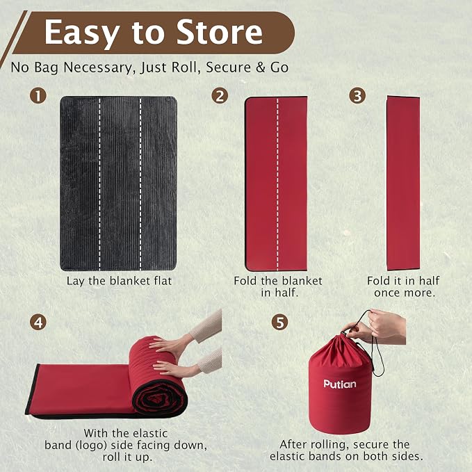 PuTian Waterproof Outdoor Blanket 79"X57" Packable, Stadium & Car Camping Blanket with Corduroy Fleece Lining, Windproof Throw for Picnic Hiking Road Trip, Machine Washable, Black 350GSM