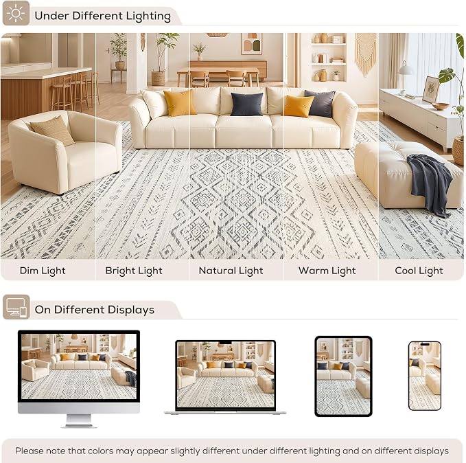 Nakagishi Area Rug Living Room Rugs: 5x7 Large Soft Machine Washable Boho Moroccan FarmNeutral Stain Resistant Indoor Floor Carpet for Bedroom Under Dining Table Home Office Decor-Grey