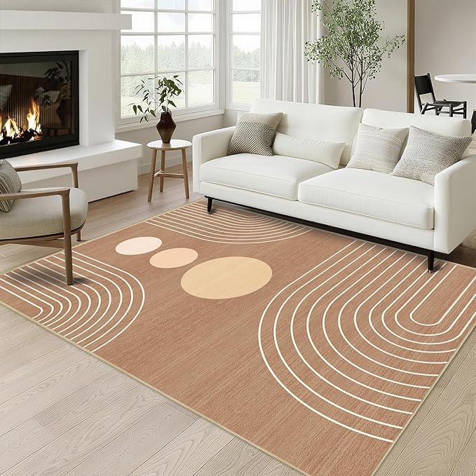 Boho Rug 3x5 Modern Geometric Minimalist Abstract Line Area Rug for Entryway Living Room Brown Mid Century Modern Machine Washable Non-Slip Printed Low-Pile Floor Carpet for Kitchen Bedroom Brown