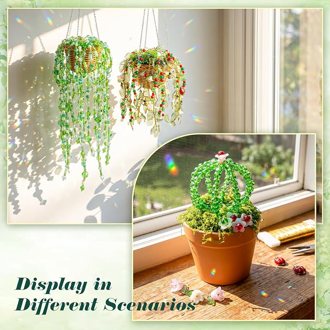 Ecoofor Green Beads Beaded Plant Kit, Makes 3 Plant Pots, Glass & Crystal Leaf Pieces, Video Tutorials Included, Handmade Gift for Plant Lovers, Beaded Plant Kit