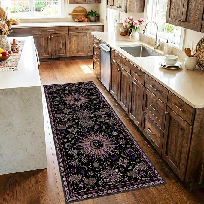 Vacuum-Friendly, 2x6 Washable Area Rug, Black Purple Beige | Sun and Moon Boho Gothic Non-Slip Low Pile Living Roon Bedroom Dining Room Kitchen Entry Entryway Entrance Hallway Doormat