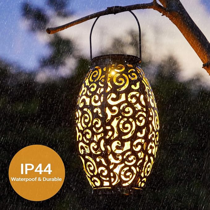 Solar Lanterns Outdoor Waterproof, 2 Pack Solar Garden Lanterns, LED Hanging Lanterns Solar Powered with Handle, Garden Decorative Retro Metal Solar Light for Table Pathway Walkway, Gardening Gifts