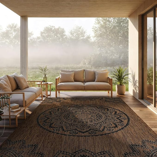 CAMILSON Outdoor Rug 8x10 Modern Area Rugs for Indoor and Outdoor Patios and Porches - Waterproof Washable Non-Shedding Easy-to-Clean Outside Carpet (8 x 10 Medallion - Gold/Black)