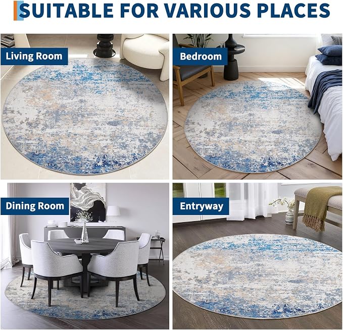 ROYHOME Modern Abstract 8x8 Round Area Rug Non Slip, Blue/Grey | Non Shedding Rug Low Pile Stain Resistant for Bedroom Living Room office Dining Room