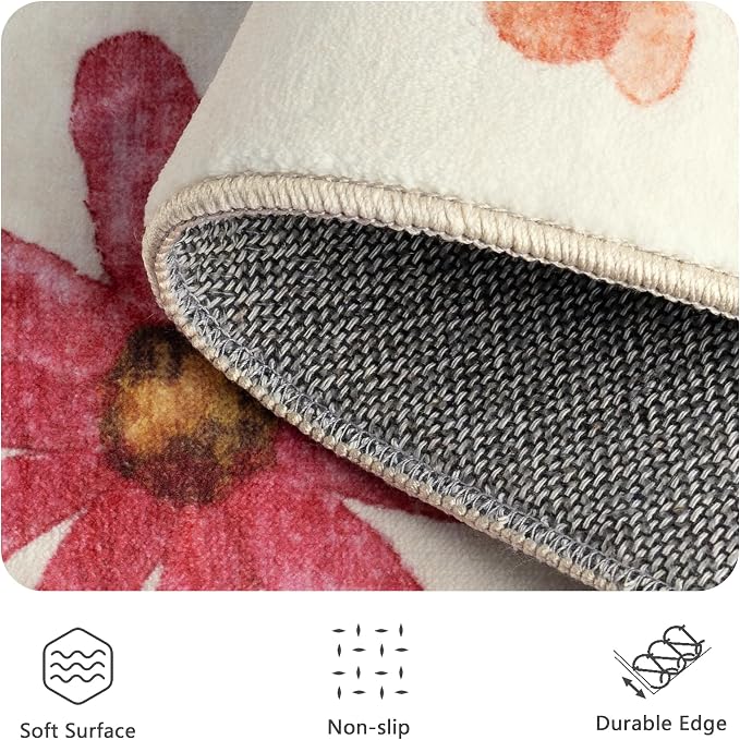 8x10 Area Rugs, Machine Washable Low Pile Floral Rugs for Living Room, Bedroom, Large Area Rug with Non-Slip Backing for Dining Room(Beige Floral)