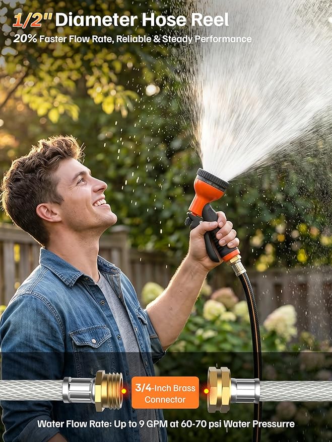 Mars Villa Retractable Garden Hose Reel 1/2 IN x 50 FT, Wall Mounted Heavy Duty Water Hose for Outside, Auto-Rewind & Any Length Lock, 180° Swivel Bracket, Slow Return, 10 Spray Patterns, UV-Resistant