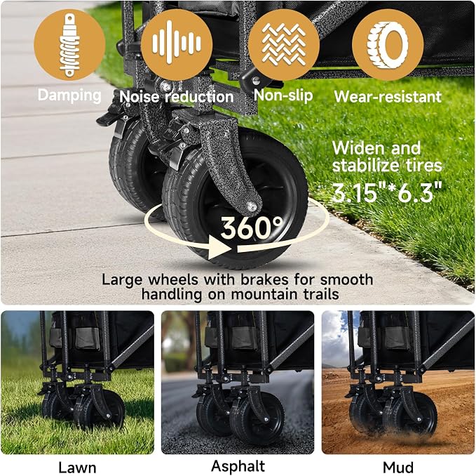 56" Large Collapsible Folding Wagon with Tailgate and Brake, 600LBS Heavy Duty Utility Cart, 250L Large All-Terrain Beach Wagon for Camping Garden Shopping Grocery Sports