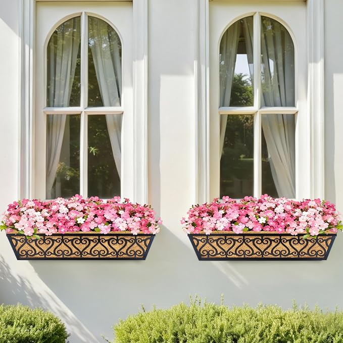 4 Pack 24 Inch Deck Railing Planter Box - Window Boxes Planters with Adjustable Brackets Coco Liners Balcony Planters Railing Hanging for Window Flower Boxes Outdoor Garden Decor