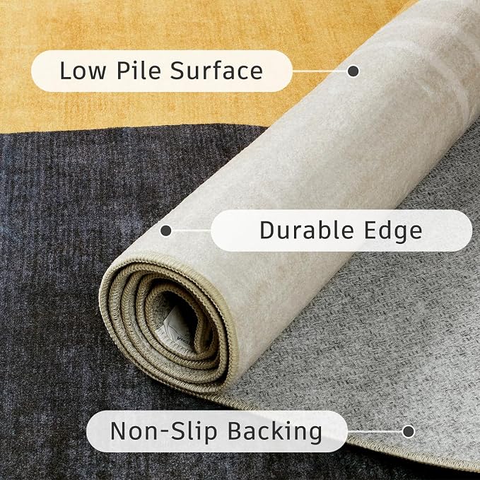 DCX Abstract Washable 6x9 Rug, Non Slip Low Pile Rug, Blue & Yellow | Rugs for living room, bedroom, dining room, office, soft, mid century modern rug, sain resistant indoor carpet, home decor