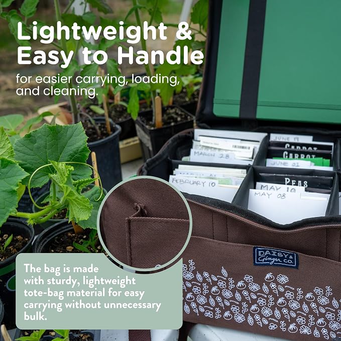SEED STORAGE ORGANIZER TOTE BAG - Flexible Canvas Seed Organizer Holds 180 Seed Packets with Shoulder Strap, Side Pockets and 12 reusable Tabs for Gardeners | Water Resistant Bottom, Notebook Straps
