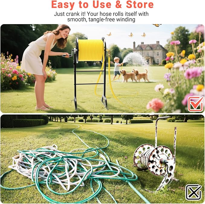 Garden Hose Reel with Handle – Heavy Duty Metal Freestanding Water Hose Holder, Upgraded Retractable Hose Winder for Up 150FT 5/8" Hose, Perfect for Lawn, Yard & Outdoor Use