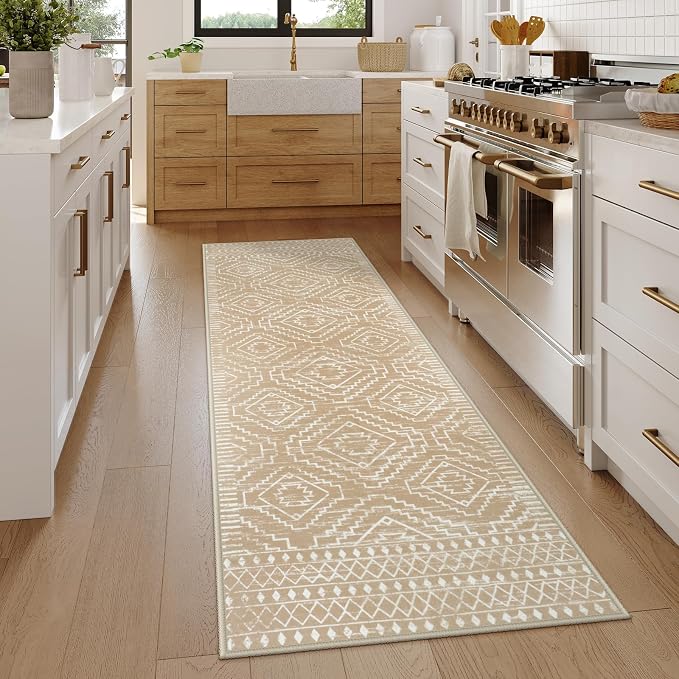 Wonnitar Washable Kitchen Runner Rug 2x6, Moroccan Runners for Hallway, Non Slip Bohemian Soft Bathroom Throw Mat Geometric Carpet Runner for Laundry Entryway Bedroom (Kakhi,2'x6')