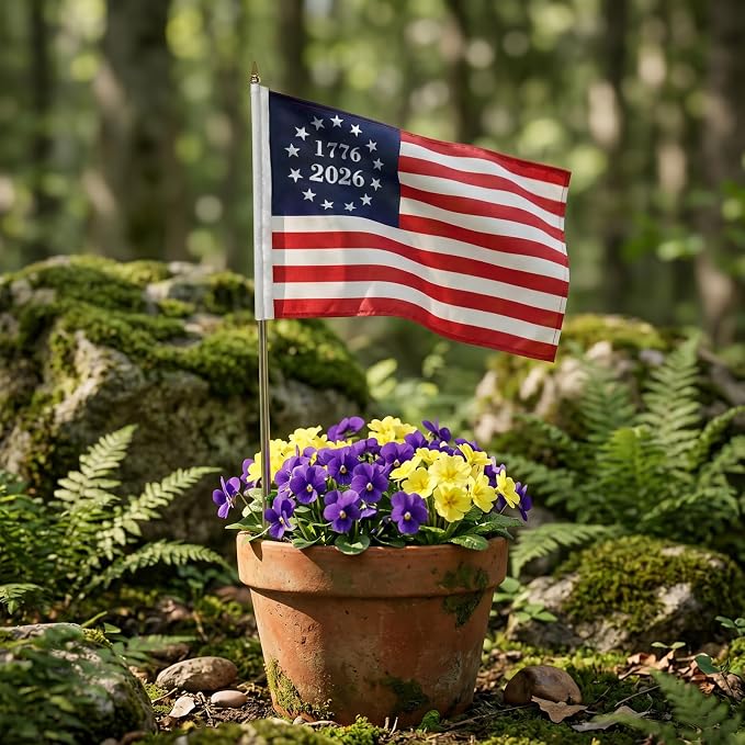 12x18 inch Small 1776-2026 American Flag on Stick 6 Pcs for 250th Anniversary, Mini Hand Held US USA Betsy Ross Flags with Retractable Stainless Steel Pole for Outside Yard 4th of July Decorations