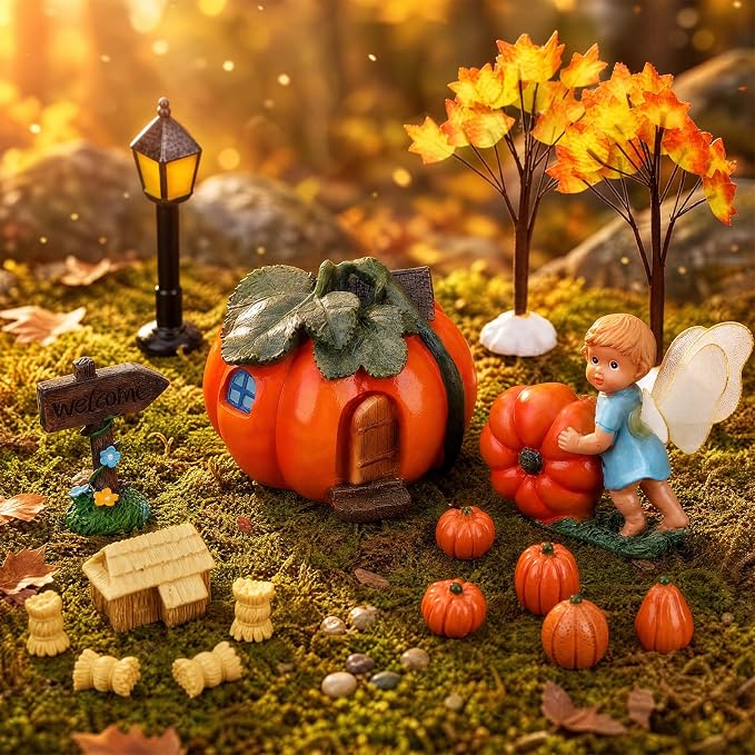 Pinkunn 16 Pcs Fall Miniature Fairy Garden Accessories Set Pumpkin Figurines House Straw Bales Welcome Sign Maple Trees for Autumn Harvest Thanksgiving Halloween Decor for Terrarium Dollhouse