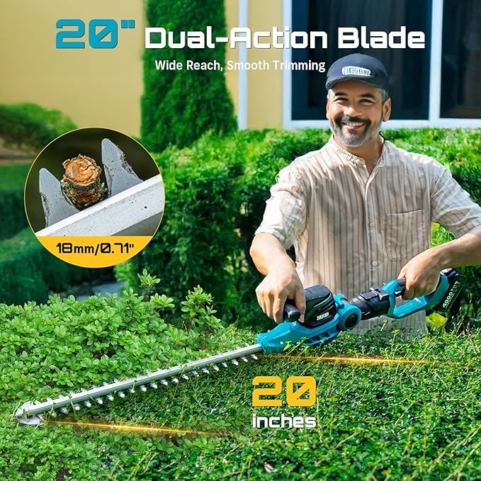 SEESII Pole & Cordless Hedge Trimmer 2-in-1: Electric Bush Trimmer with 20" Dual-Action Blade - 2 x 4000mAh Batteries, Telescopic Pole, Adjustable Rotating Head, Handheld Hedge Cutter for Tree Shrubs