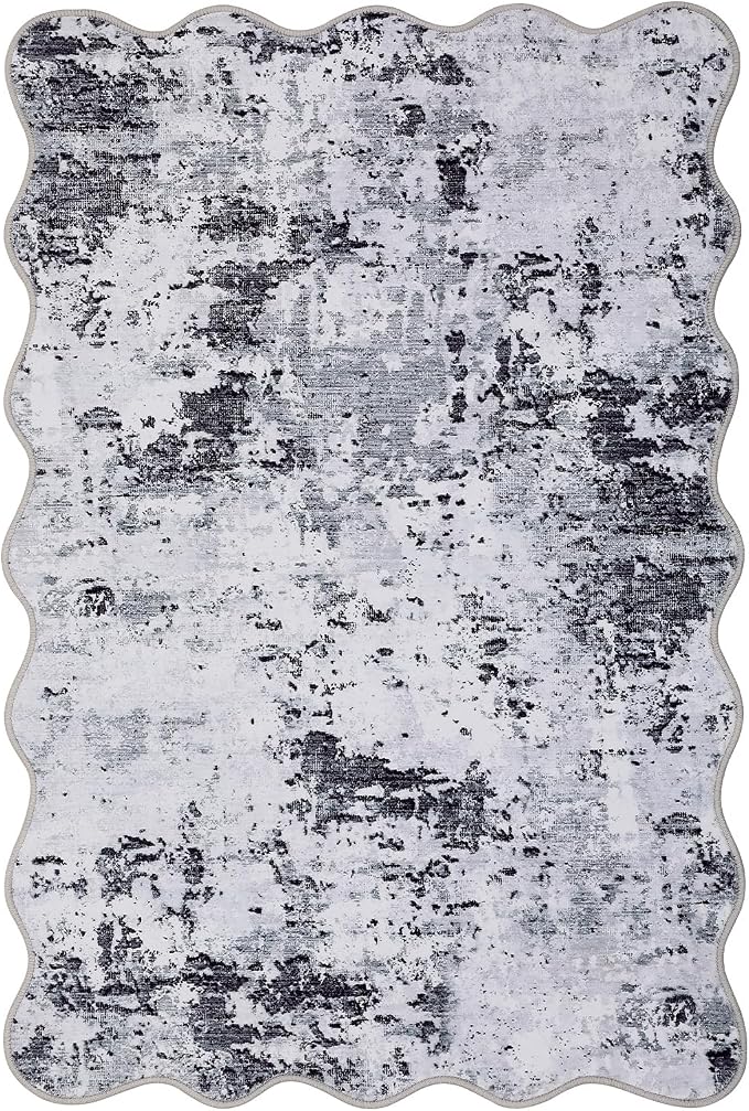 ROYHOME Modern Abstract Scalloped 2x3 Area Rug Non Slip, Grey | Non Shedding Low Pile Stain Resistant Rug for Entryway Kitchen Bedroom