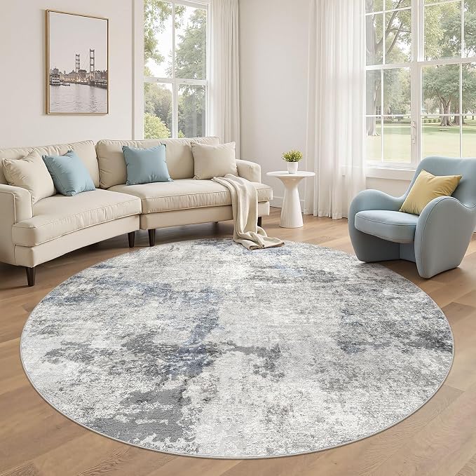 DMOYEST 6ft Round Area Rug for Living Room Washable Non Slip Circle Rug | 6x6 Neutral Modern Abstract Low Pile Rugs Kid & Pet Friendly Soft Carpet for Bedroom Dining Room - Grey Blue