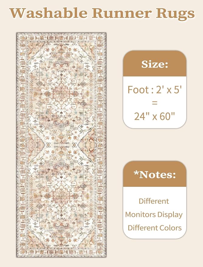 SERISSA 2x5 Washable Non Slip Boho Runner Rug for Hallway，Peach Cream | Ultra Soft Vintage Oriental Carpet Low-Pile Distressed Tribal Floor Carpet for Kitchen Bedroom Bathroom Laundry Living Room