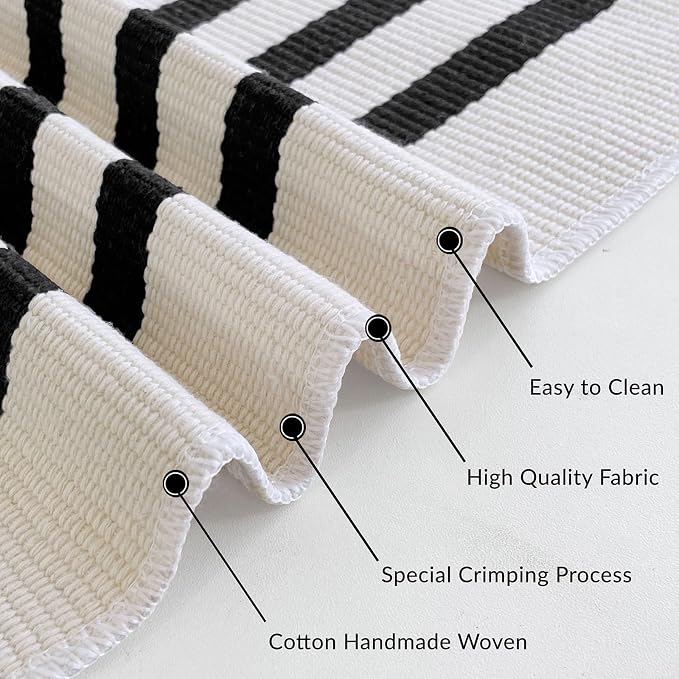 IOHOUZE Black Beige Striped Rug -8'x10' Indoor Outdoor Rug, Washable Area Rug for Living Room, Large Patio Rug, Cotton Striped Rugs for Patio Living Room Bedroom