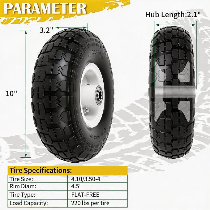 4.10/3.50-4 Tire and Wheel Flat Free, 10" Solid Tire 220LB Capacity Each, with 5/8" Bearings and 2.1" Offset Hub, for G orilla Cart, Garden Cart, Trailer, Dolly, Hand Truck, Wagon, 4 Pack, Silver