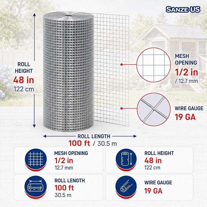 SANZEUS Hardware Cloth, 48in x 100ft 1/2in Mesh, 19GA Chicken Wire Fencing | Hot-dip galvanized after welding, heavy-duty wire mesh, rust resistant, chicken coops, garden beds, rabbit cages, tree guards