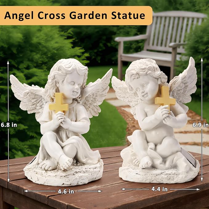 Solar Garden Statues Angel with Cross, 2 Pack Outdoor Garden Decor for Yard, Patio Decorations Gifts for Mom Grandma Women, Solar Angel Lawn Ornaments for Outside Porch Flower Bed Decor