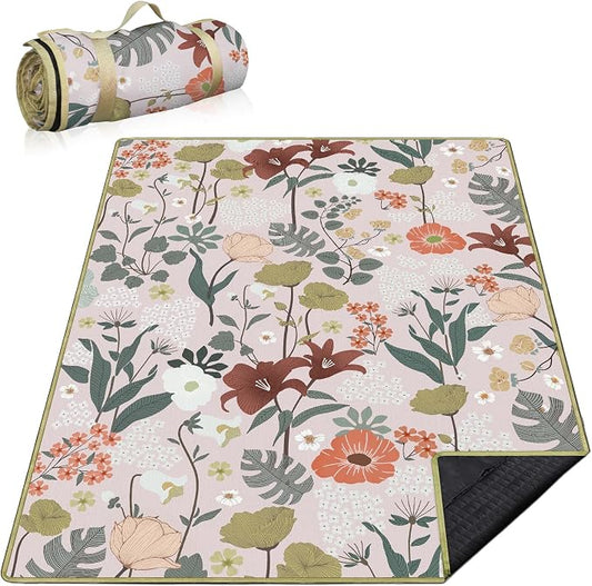 Floral Picnic Blankets Waterproof Foldable, 80″X80″ Extra Large Picnic Mat Boho Outdoor Blanket for Grass, Cute Packable Beach Blanket Sandproof Picnic Accessories for Camping Music Festival Park Lawn