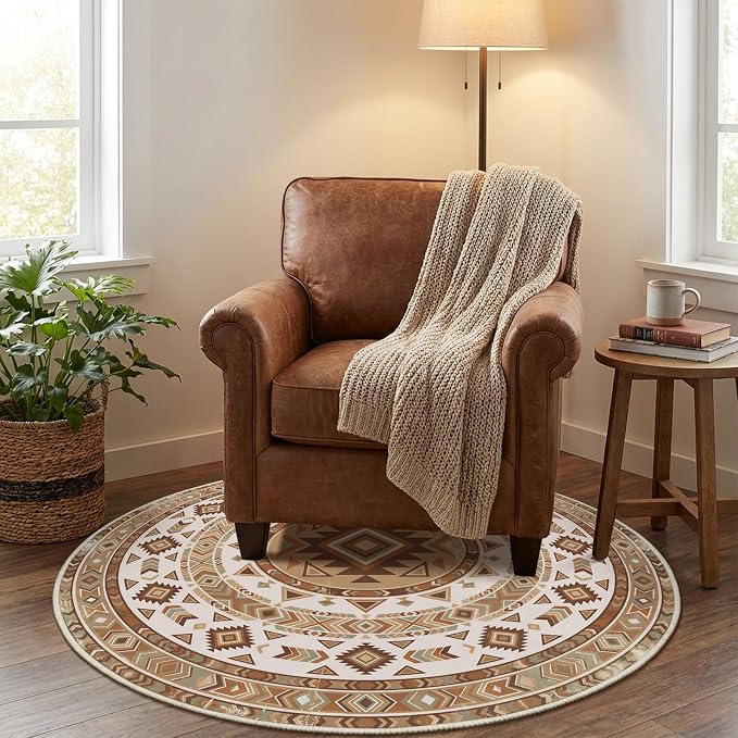 3ft Round Southwestern Rug, Geometric Tribal Pattern, Non-Slip Mat | Stain-resistant and machine-washable design for easy care, complemented by reinforced edges for lasting durability.