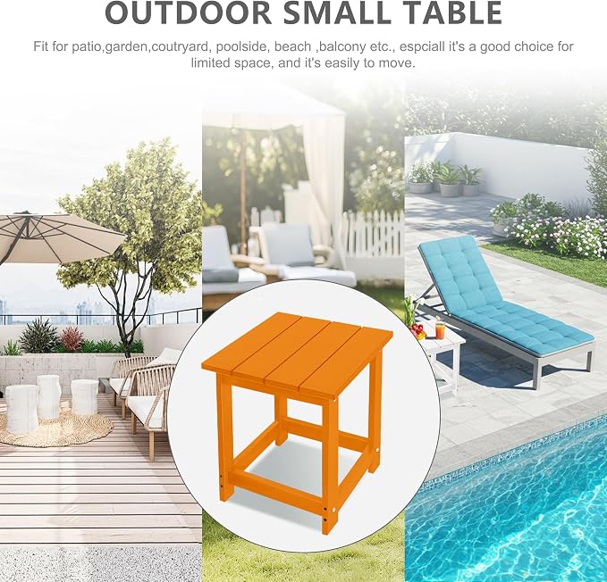 LZRS Patio Side Table, Heavy Duty HDPE Outdoor End Table with Wood Texture, Weatherproof Composite Table for Adirondack Chairs, Deck, Pool, Indoor/Outdoor, No Peeling or Cracking(Orange)