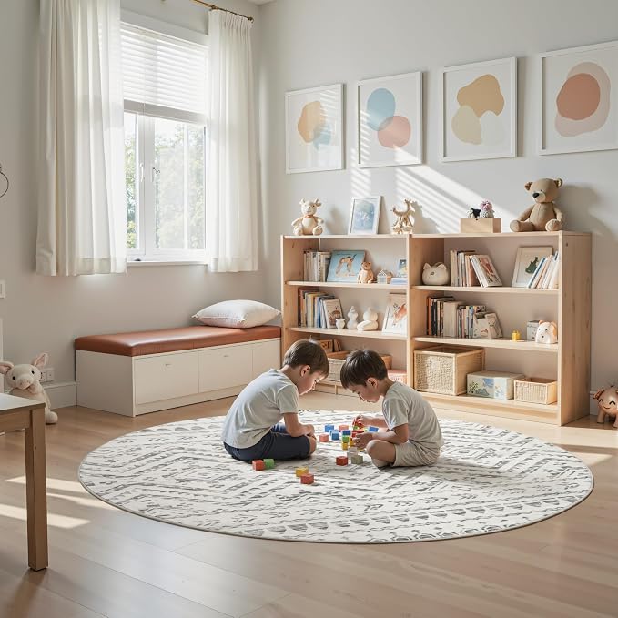 Miukiki Round Rugs 6ft for Living Room Moroccan Washable Circle Rug Grey | Non Slip Indoor Floor Carpet Foldable Area Rug for Dining Room with Low Pile 6ft