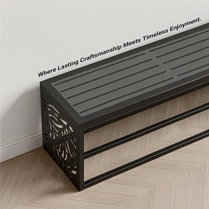 47" Outdoor Garden Bench with Storage Shelf, Modern Black Entryway Bench, Wood-Grain HDPE Seat, Galvanized Steel Frame with Powder Coating for Porch, Yard, Patio, Summer