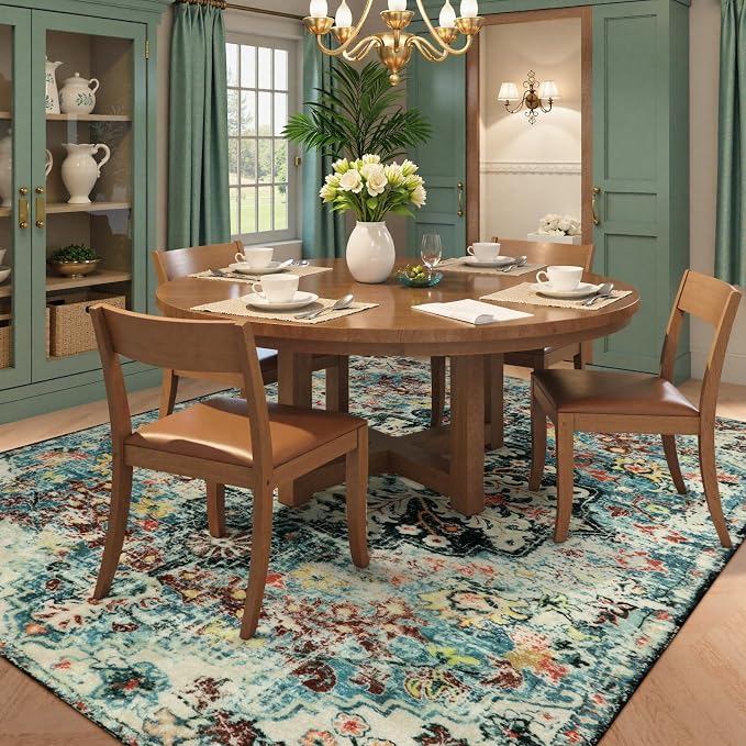 Lahome Reine Area Rugs 9x12 Living Room Boho Washable Rugs,Large Boho Rugs for Bedroom Dining Room,Floral Soft Non Slip Low Pile Throw Indoor Floor Carpet for Nursery Kids Playroom(9x12ft,Teal)