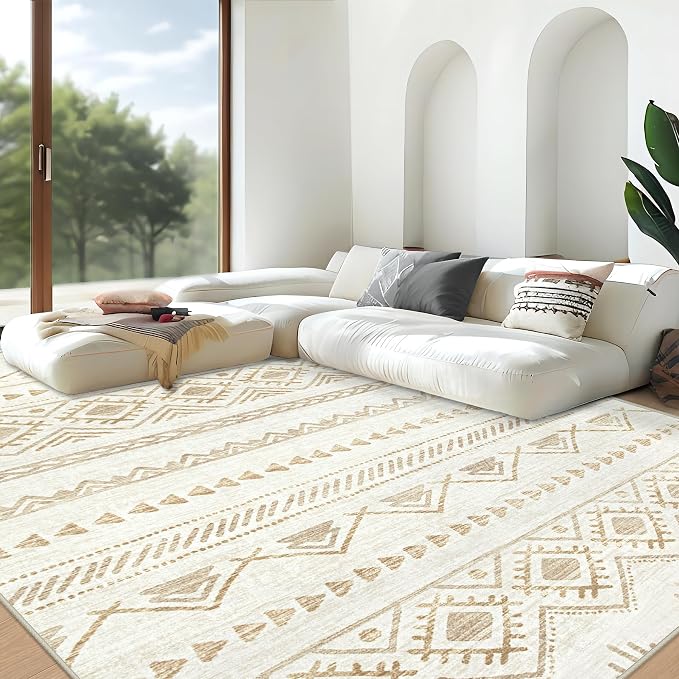 Area Rug for Living Room 9x12: Large Washable Boho Moroccan Rugs Geometric Neutral Rug, Non-Slip Foldable Morden Farmhouse Indoor Floor Carpet for Bedroom Dining Room Home(Beige Brown,9'x12')