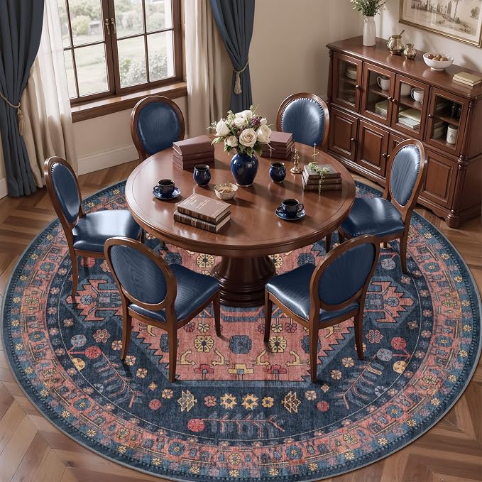 Ciicool 8ft Round Area Rugs for Living Room,Soft Circle Carpet for Bedroom | Large Oriental Low-Pile Vintage Non-Slip Indoor Navy for Kitchen Entryway Bedside Laundry Bathroom Dining Room Foyer Decor