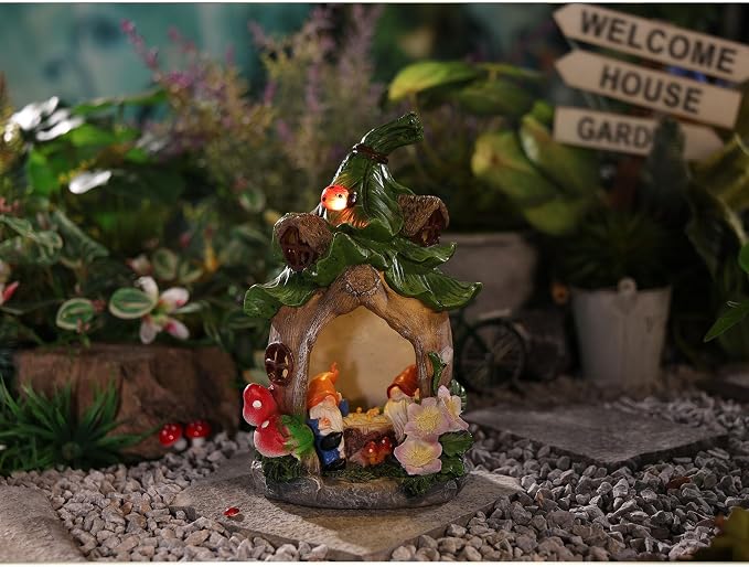 Outdoor Fairy House Garden Statues Accessories with Solar Lights Gnomes Gardening Birthday Gifts for Women Mom Grandma, House Sculpture Figurine Outside Garden Decorations for Yard Patio Porch Decor