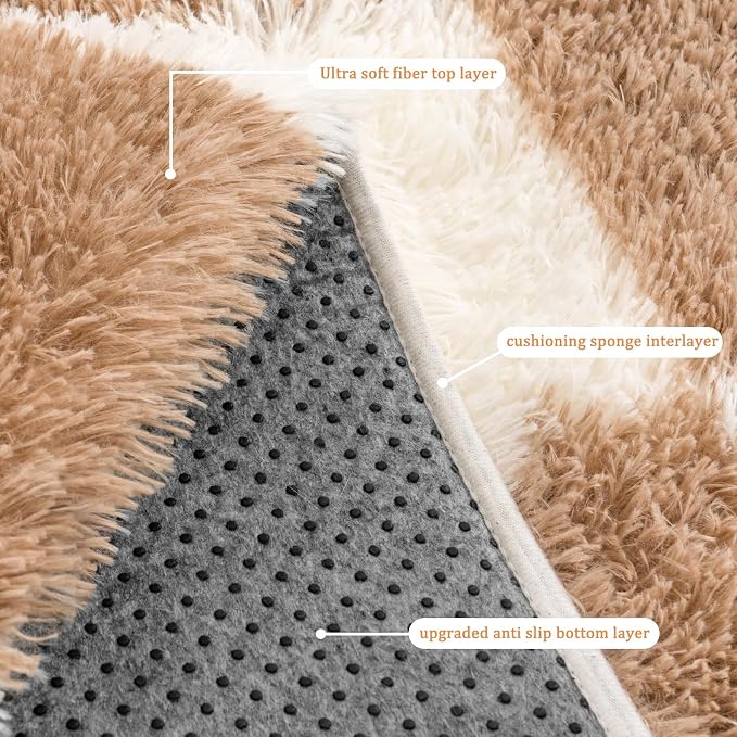 Rugs for Bedroom, 4x6 Fluffy Fuzzy Shag Checkered Area Rug for Living Room, Modern Plush Soft Upgrade Non-Slip Carpet for Kids Girls and Boys Room Dorm Nursery Home Decor, Cream and Beige