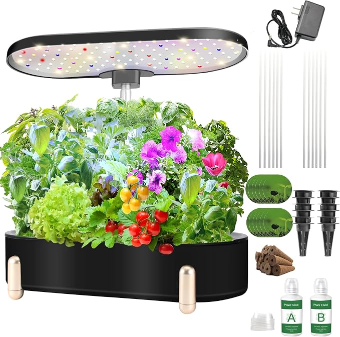 Hydroponics Growing System Indoor Garden:12 Pods Plant Kit Aeroponic Herb Vegetable Growth Lamp Countertop with LED Grow Light, Adjustable Height Up to 20.47inch (Black, One-Size)