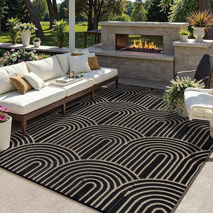 Lahome 6x9 Outdoor Rugs for Patios, Waterproof Black Outdoor Rug for Camping,Portable Plastic Straw Mats for Outside Your Rv Beach Backyard Garden Under Awning(Black,6'x9')