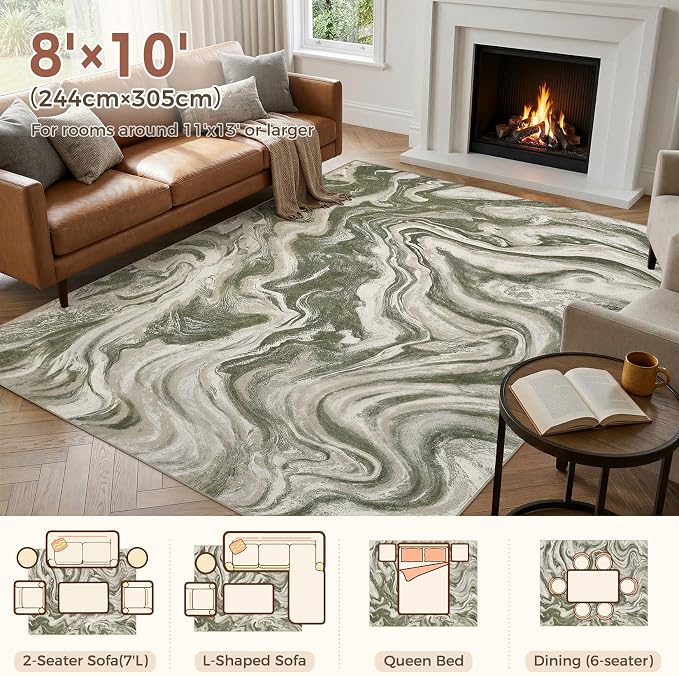 DMOYEST 8x10 Area Rug for Living Room Washable Abstract Indoor Carpet | Neutral Modern Low Pile Rugs Kid & Pet Friendly Large Soft Thin Carpet for Bedroom Dining Room and Office - Olive Green
