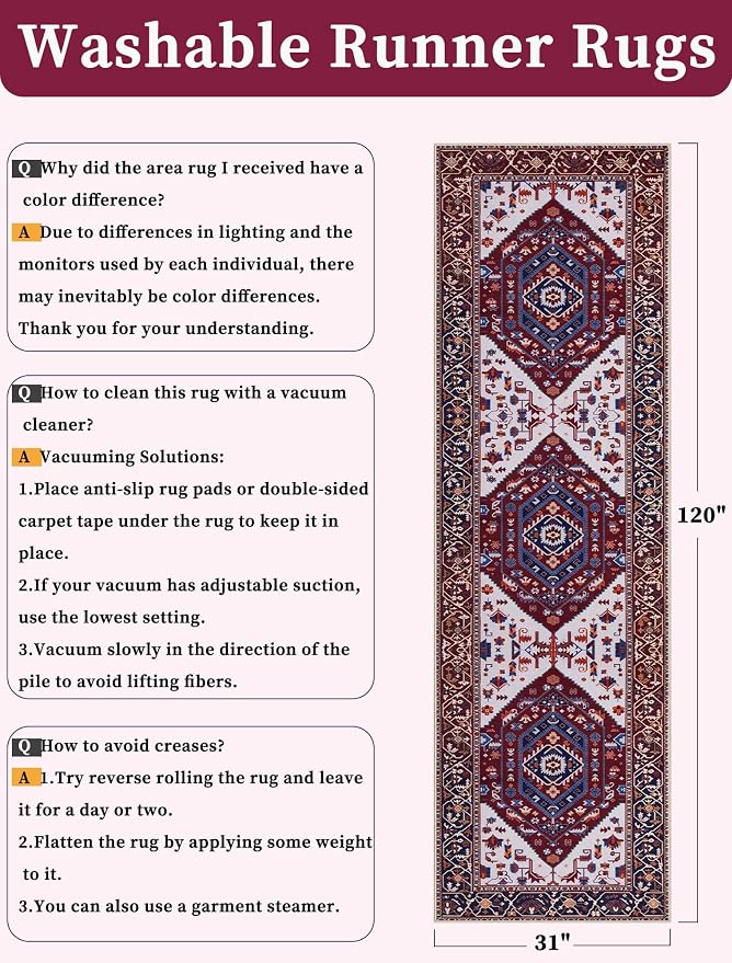 SERISSA 2'6"x10' Washable Non Slip Boho Runner Rug for Hallway | Ultra Soft Vintage Oriental Carpet Low-Pile Burgundy Navy Floor Carpet for Kitchen Bedroom Bathroom Laundry Room