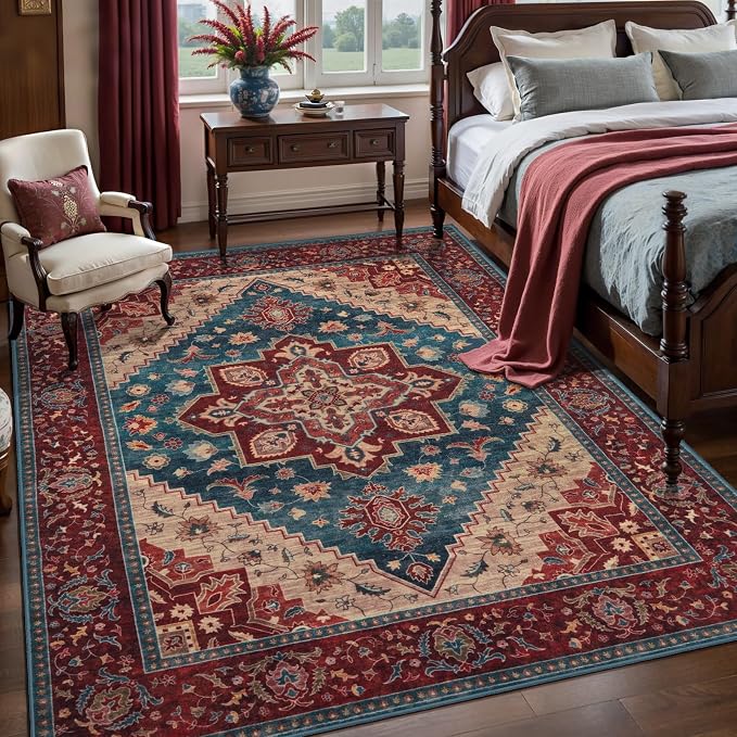 Tangsoo Oriental 3x5 Rugs, Washable Non Slip Accent Rugs for Entryway Red | Vintage Print Indoor Carpet, Boho Soft Low Pile 3x5 Area Rugs for Living Room Bedroom Bedside Bathroom Entrance Home Decor