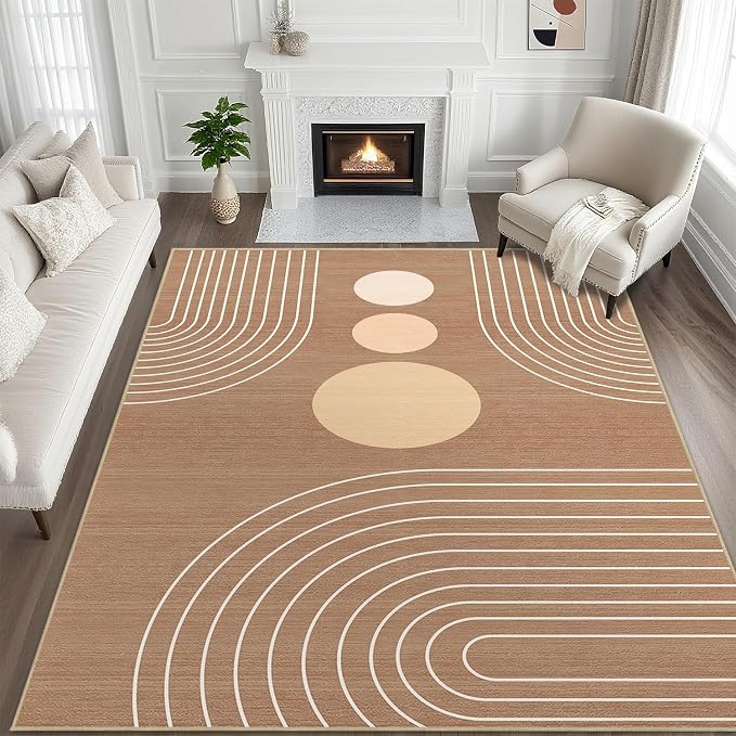 8x10 Area Rug for Living Room Boho Modern Minimalist Geometric Abstract Large Rug Brown Mid Century Modern Machine Washable Non-Slip Printed Low-Pile Indoor Floor Carpet Dining Room Bedroom Brown