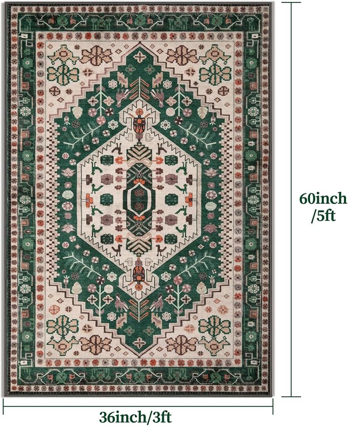 Ciicool Washable 3x5 Area Rug,Boho Non-Slip Indoor Mat for Entryway Kitchen | Oriental Low-Pile Soft Vintage Boho Indoor Entry Carpet for Bedroom Bedside Living Room Laundry Dining Room