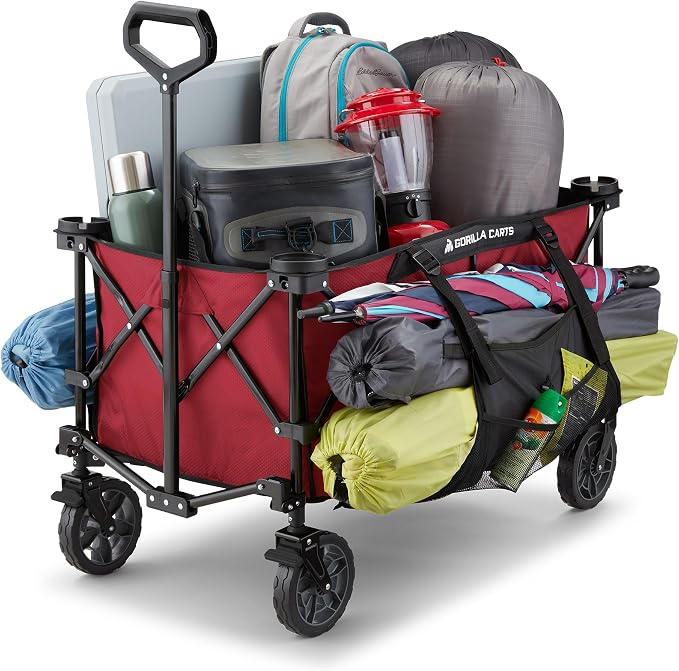 Gorilla Carts Collapsible Folding Outdoor Utility Wagon, 7 Cu Ft Oversized Bed, 150 lb Load Rating, Red – Foldable Rolling Cart w/ Pockets & Cup Holders for Beach, Camping, Sports or Picnic