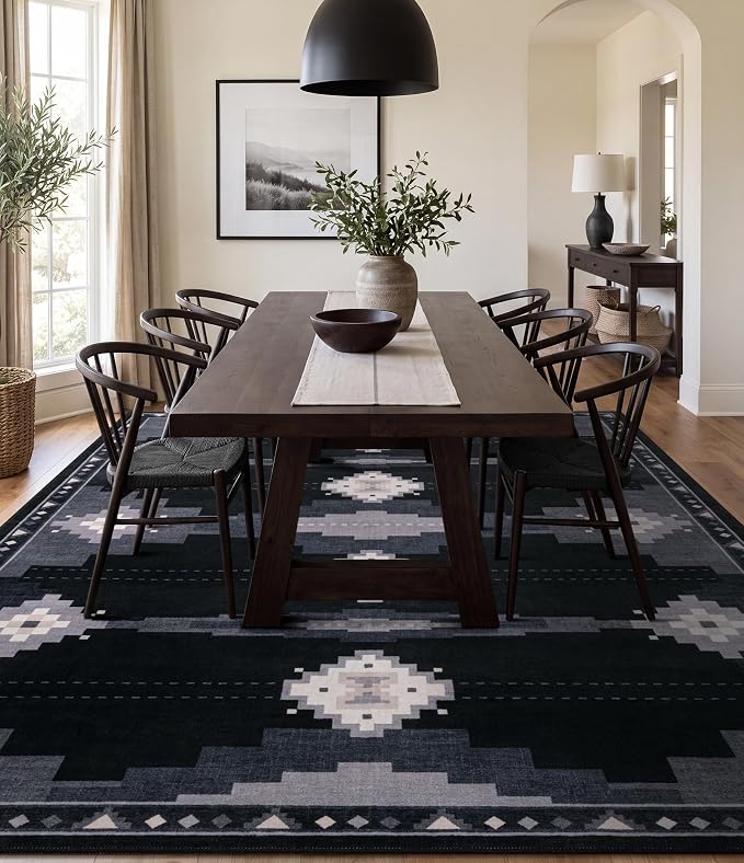6'x9' Washable Area Rug for Living Room, Black and Grey Western Aztec Rug | Soft, Non-Slip, Low Pile, Tribal Geometric Design, for Boy Bedroom Dining Room Playroom, Stain Resistant