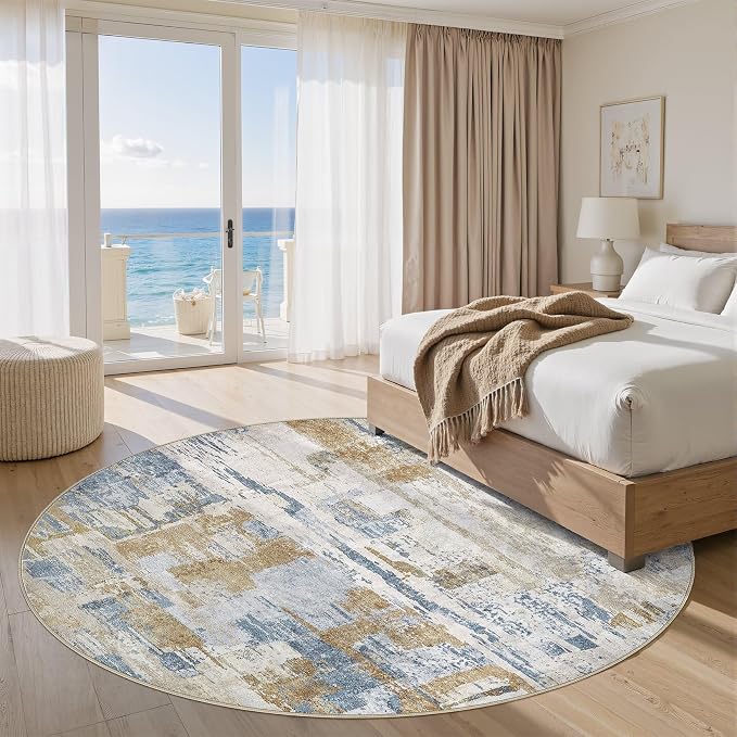 kakania Abstract 9x9 Round Rugs for Living Room: Circle Rugs 9FT Blue | Washable, Soft, Non-Slip, Low-Pile, Pet & Kid Friendly - Large Modern Home Decor Carpet for Bedroom/Dining Room/Nursery