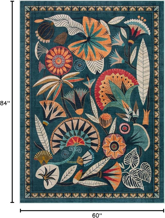 Zealude Boho Egypt Green Area Rugs for Living Room Bedroom, 5x7 Washable Large Dining Room Rug Non Slip, Floral Vintage Farmhouse Throw Carpet for Office Hardwood Floor Playroom (Dark Green,5 x 7)