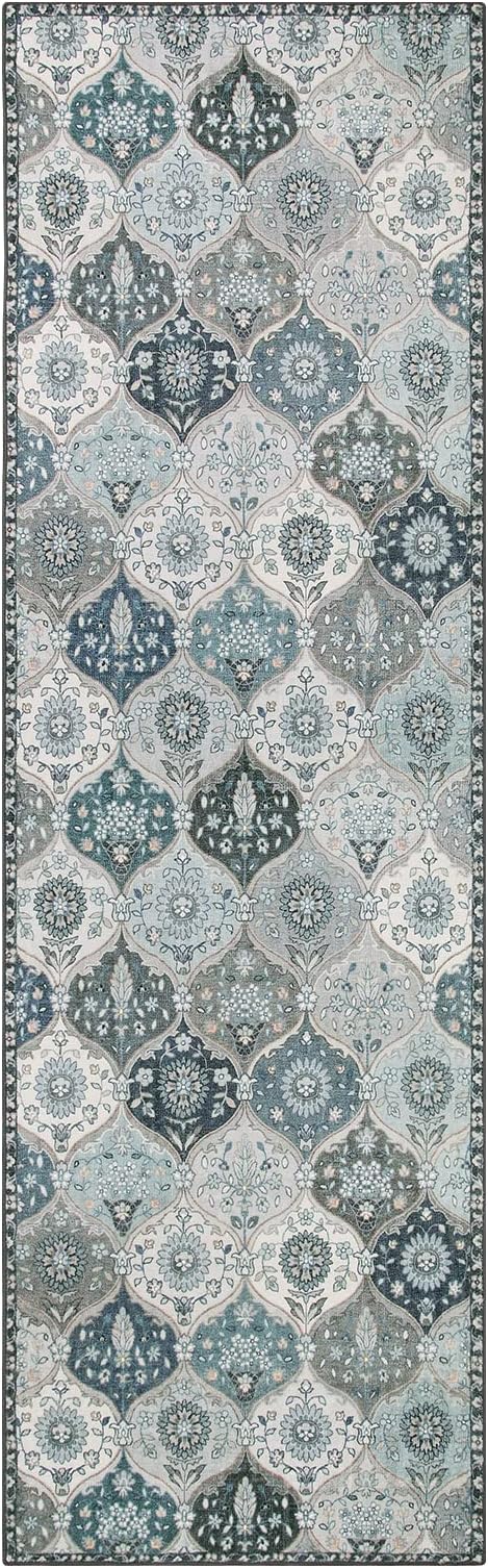 Lahome Moroccan Washable Runner Rug, 2x6 Blue Kitchen Runners for Hallways | Non Slip Vintage Trellis Laundry Room Rug Vintage Ultra-Thin Long Carpet for Kitchen Bedroom Elise,, Blue