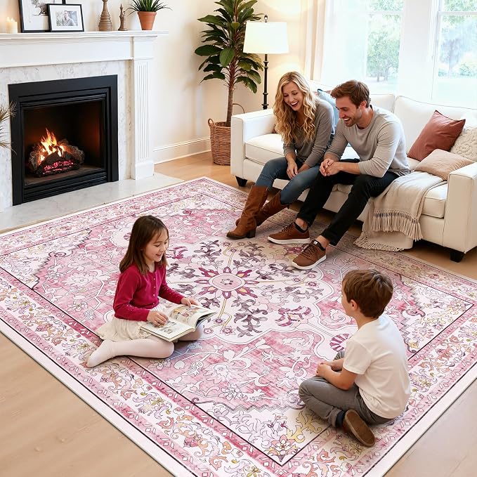 U'Artlines Boho Vintage Area Rug 8x10 Machine Washable Carpet, Pink | Low Pile, Non Slip, Ultra-Thin Soft Floor Carpet, Accent Rug for Living Room Bedroom Entryway Dining Room Office